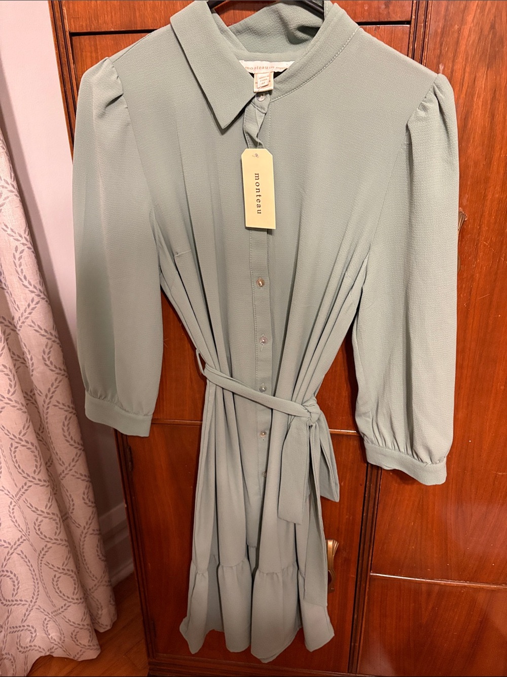 Monteau Sage Green Button-Front Midi Dress with Tie Waist